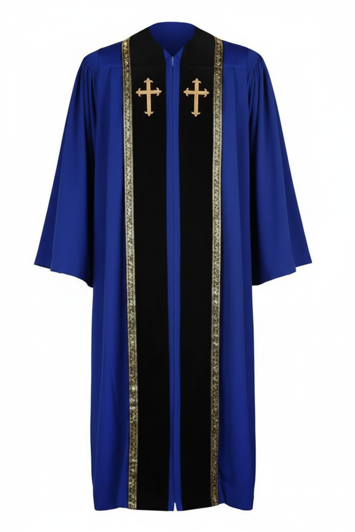 Royal blue clergy choir robe on invisible mannequin, center front black velvet stole with gold cross badges and wheat brocade trim, pure white background
