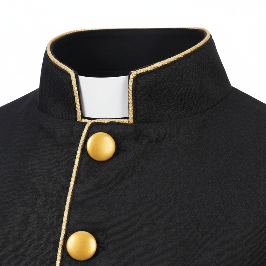 Close-up detail of black clergy frock coat stand collar with clergy tab and gold piping trim, white background