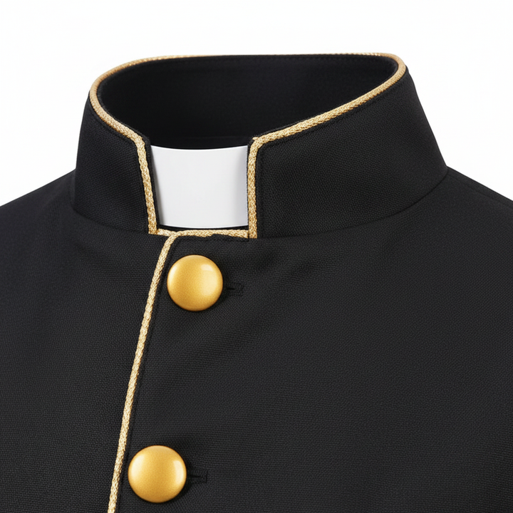 Close-up detail of black clergy frock coat stand collar with clergy tab and gold piping trim, white background