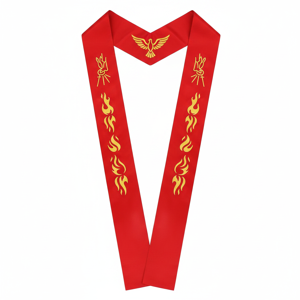 Red clergy stole flat lay V-shape showing gold Holy Spirit dove and flame embroidery on both panels, white background