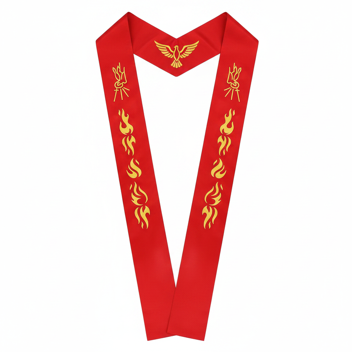 Red clergy stole flat lay V-shape showing gold Holy Spirit dove and flame embroidery on both panels, white background