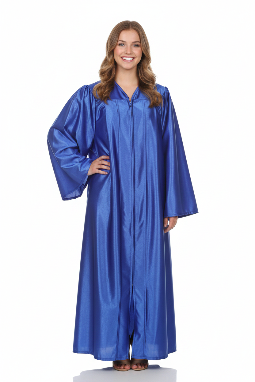 Shiny Royal Blue High School Gown - Model Display