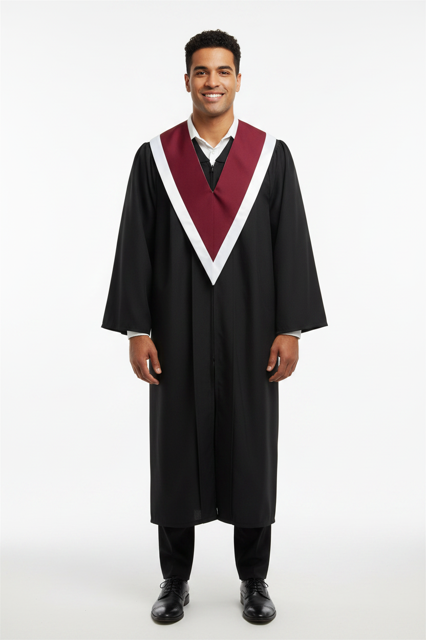 Male model wearing dark maroon and white two-tone graduation V-stole over black gown, full body front view, white background