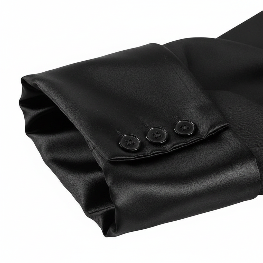 Close-up detail of black satin cuffs with button accents on barrister robe