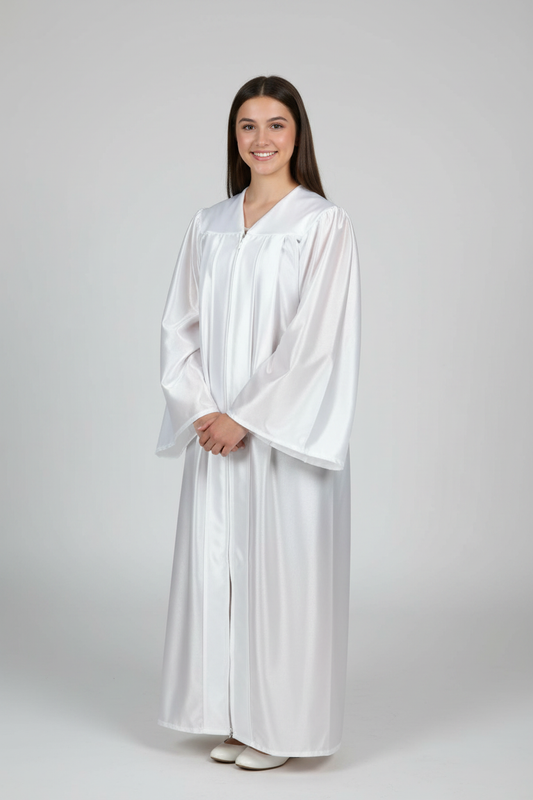 Shiny White Junior High/Middle School Gown - Model Display
