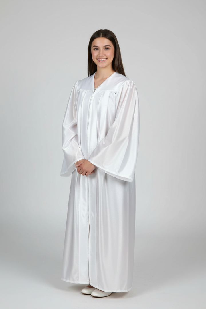 Shiny White Junior High/Middle School Gown - Model Display