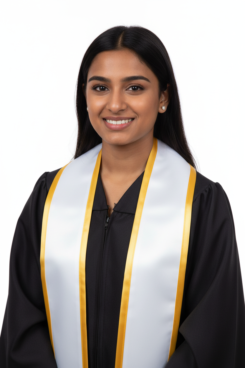 White Pointed Graduation Stole with Gold Trim model display