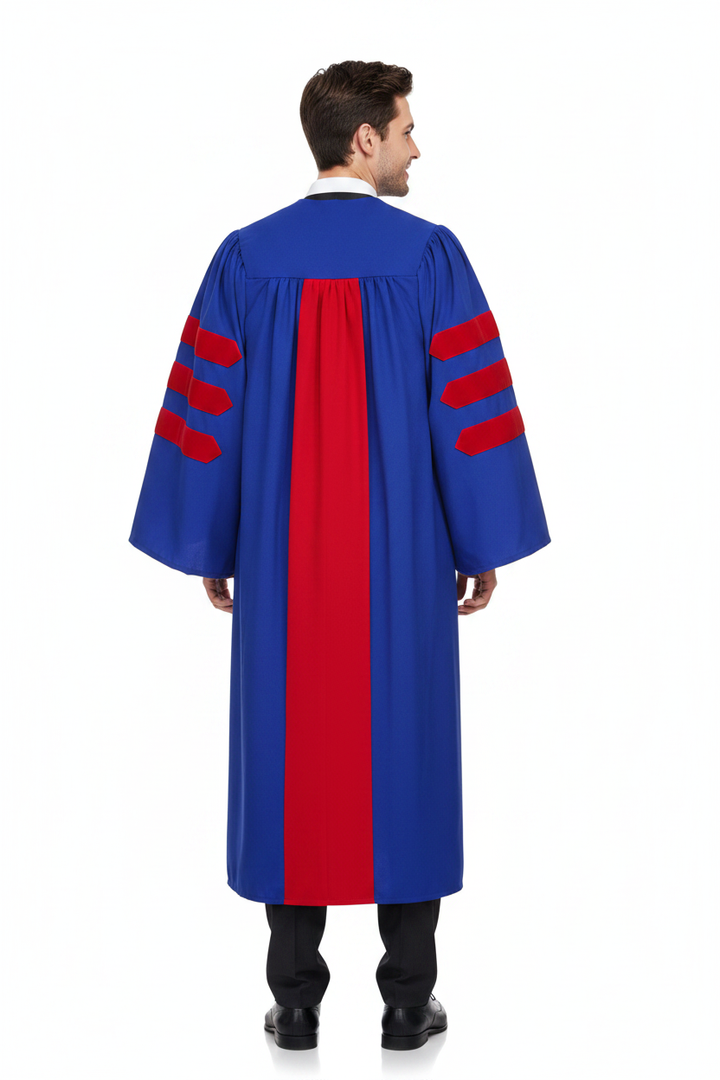 Male model wearing royal blue doctoral gown with red velvet chest panel, full body back view, white background