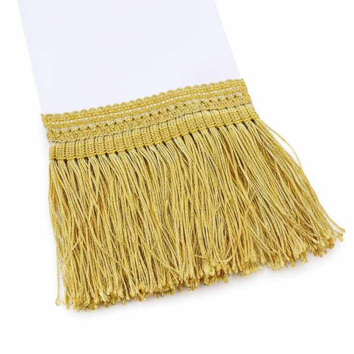 Close-up of Gold Fringe Trim on White Clergy Stole