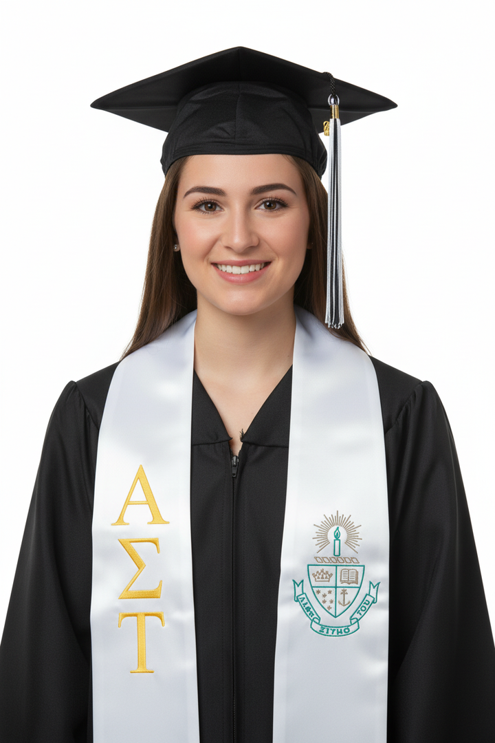 Alpha Sigma Tau Greek Lettered Graduation Stole w/ Crest model display