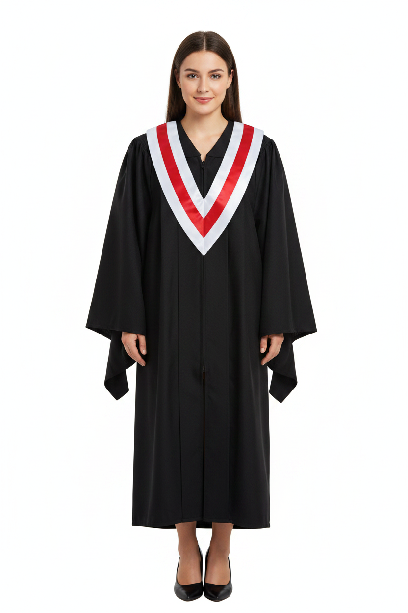 Female model wearing white and red two-tone graduation V-stole over black gown, full body front view, white background