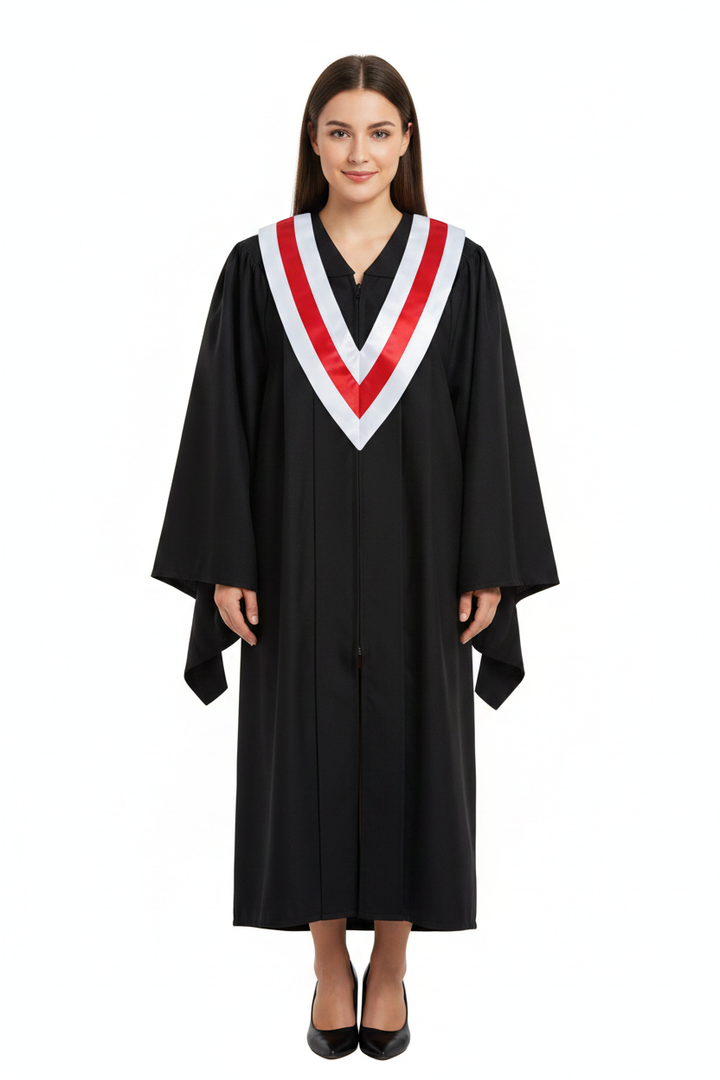 Female model wearing white and red two-tone graduation V-stole over black gown, full body front view, white background