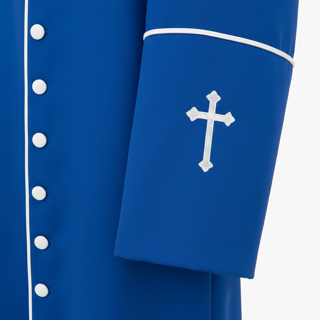 Close-up detail of royal blue clergy cassock robe cuff with white cross embroidery and white piping trim