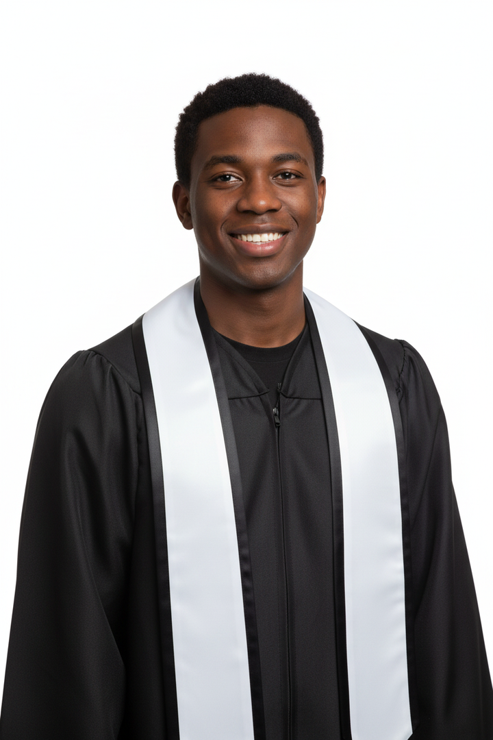 White Pointed Graduation Stole with Black Trim model display
