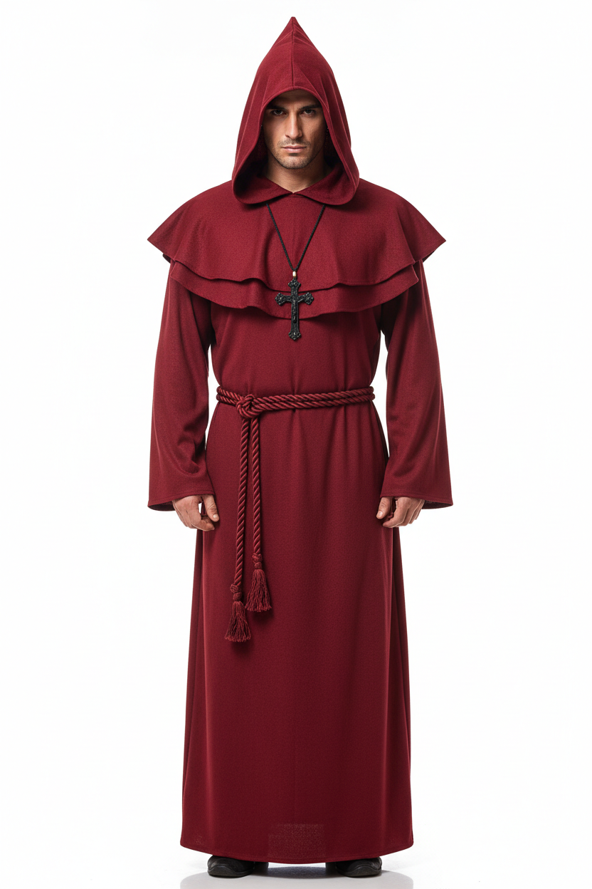 Male model wearing wine red medieval monk hooded robe full body front view, white background