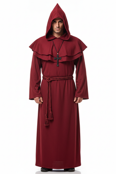 Medieval Monk Hooded Robe | Pointed Hood Cape Rope Belt Cross Necklace | 5 Colors | Halloween Wizard Priest Cosplay LARP | S-XXXL | 400g