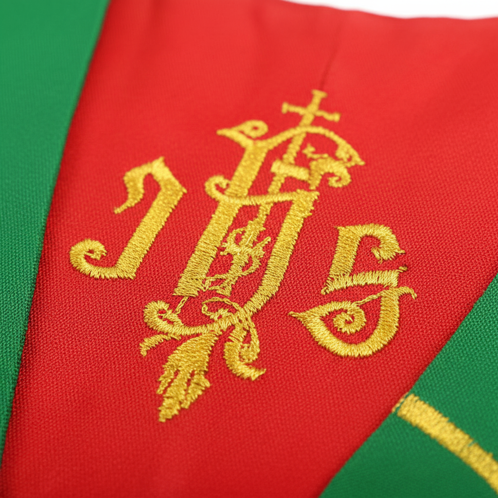Close-up detail of red clergy stole neckline showing gold IHS cross Christogram embroidery, white background