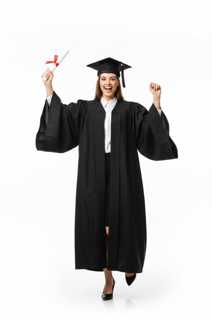 UK British Deluxe Bachelor Academic Gown - Model with Diploma Celebratory Pose