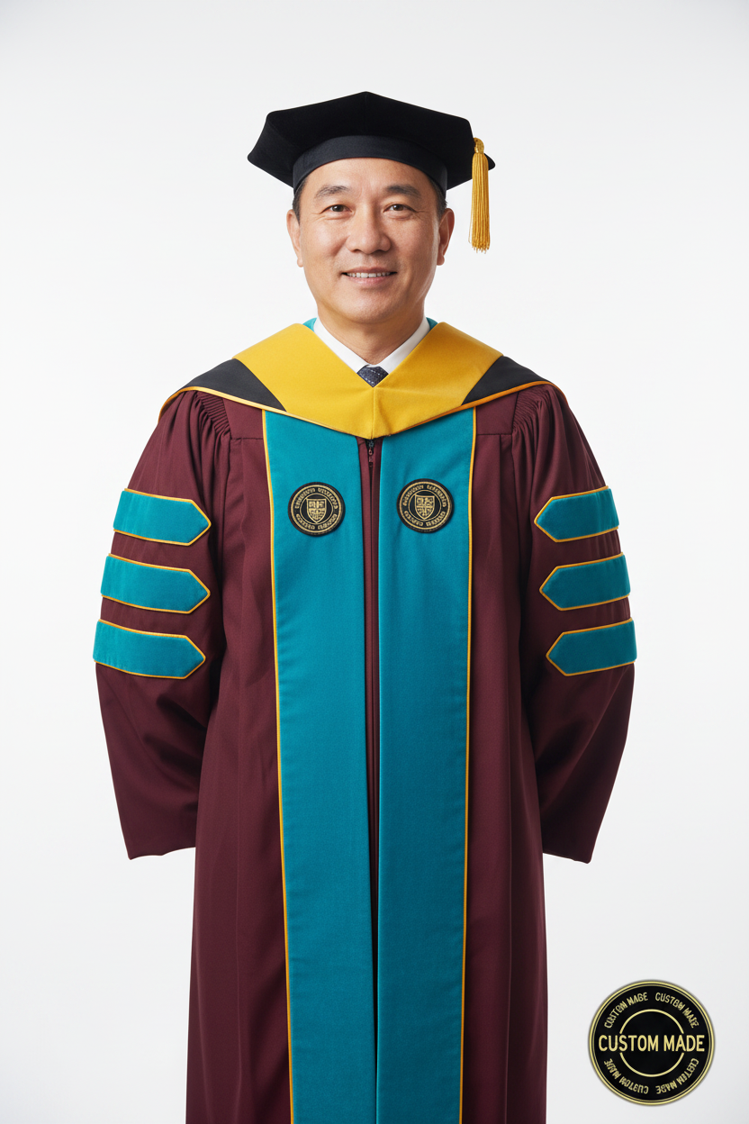 Custom Faculty Regalia Package for Cal State Dominguez Hills model display