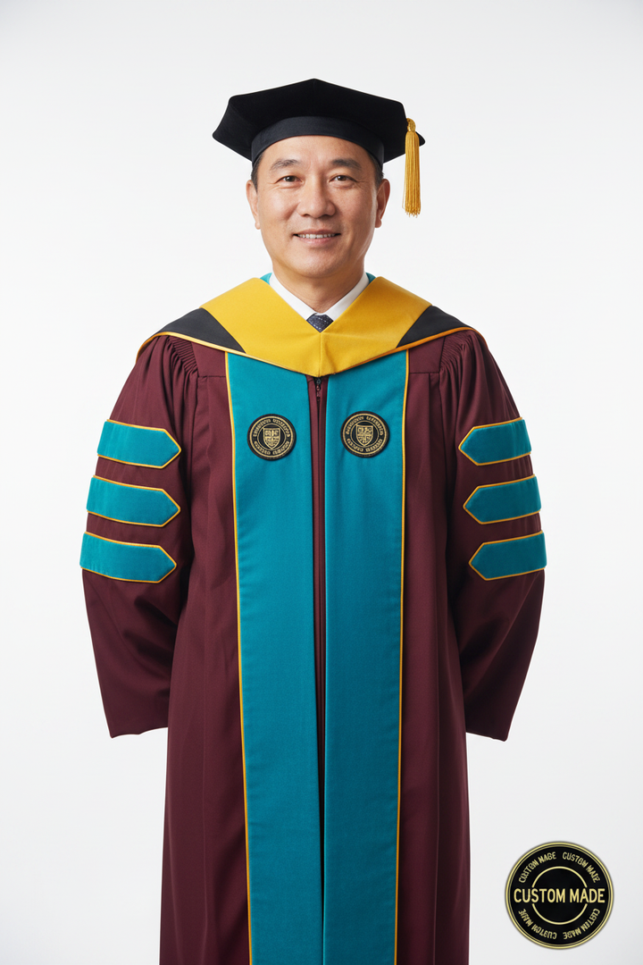 Custom Faculty Regalia Package for Cal State Dominguez Hills model display