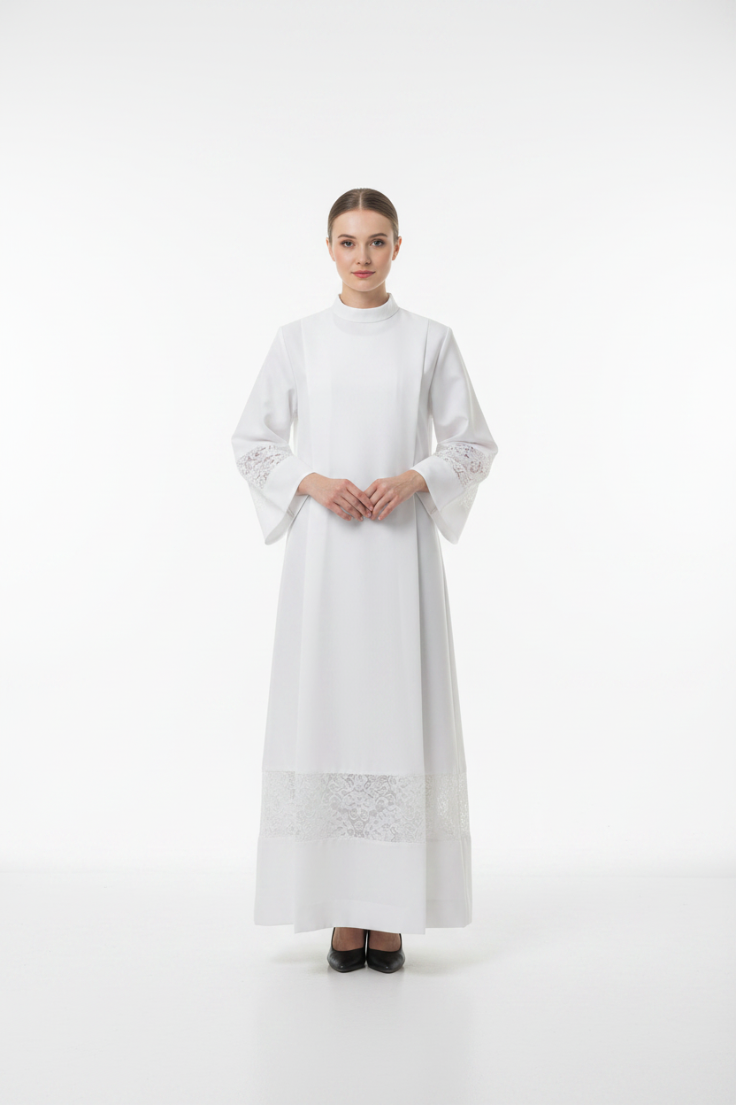 Female model wearing white liturgical alb robe Style B with wide lace panel trim, full body front view, white background