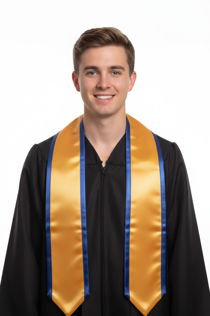 Antique Gold Pointed Graduation Stole with Royal Blue Trim model display