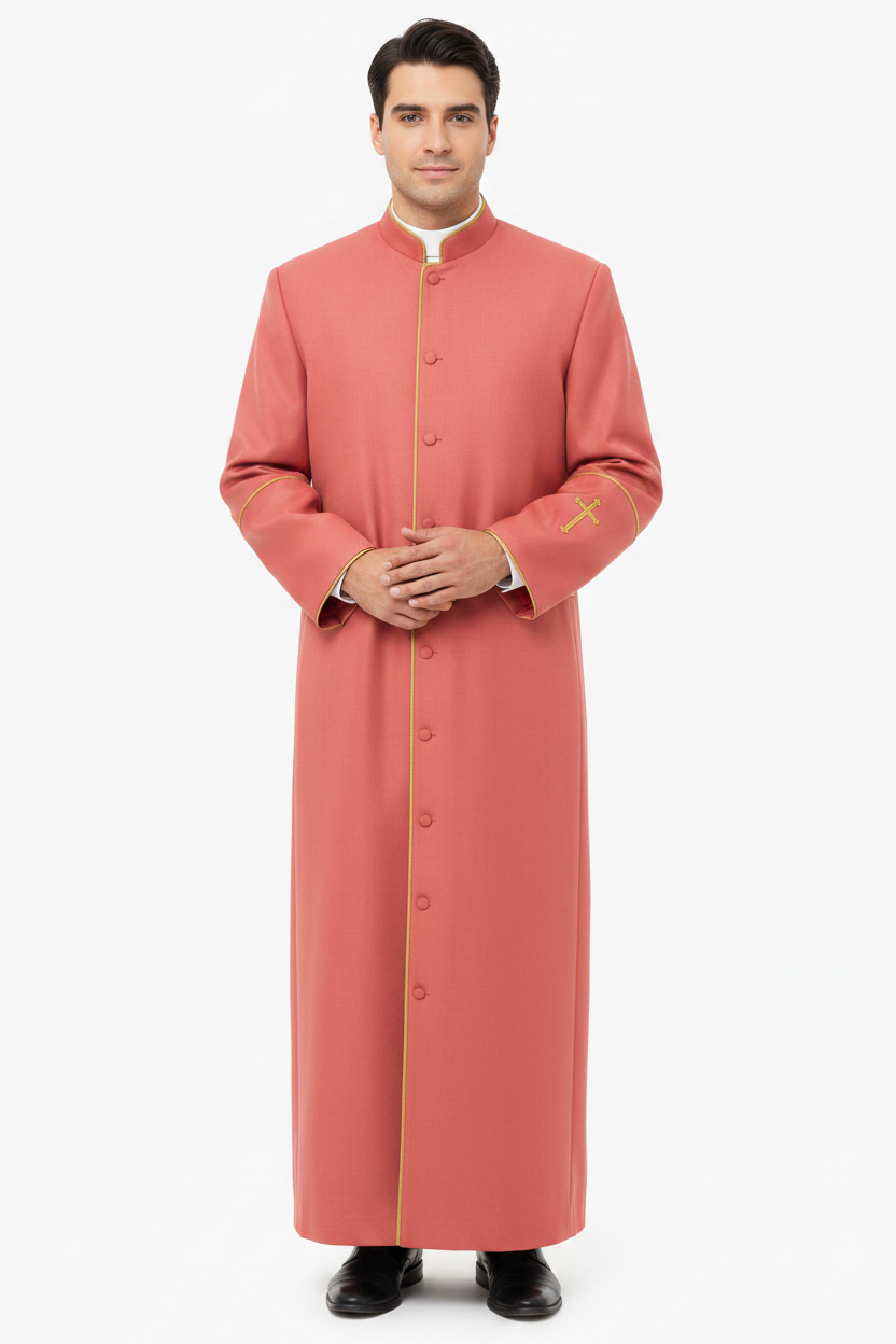 Model wearing full-length red clergy cassock robe with gold trim and cross embroidery, white background