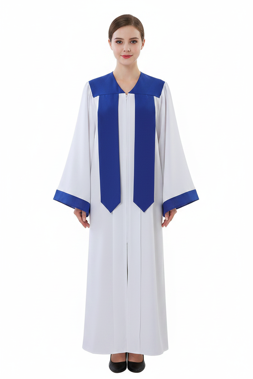 Female model wearing white and royal blue two-tone choir robe, full body front view, white background