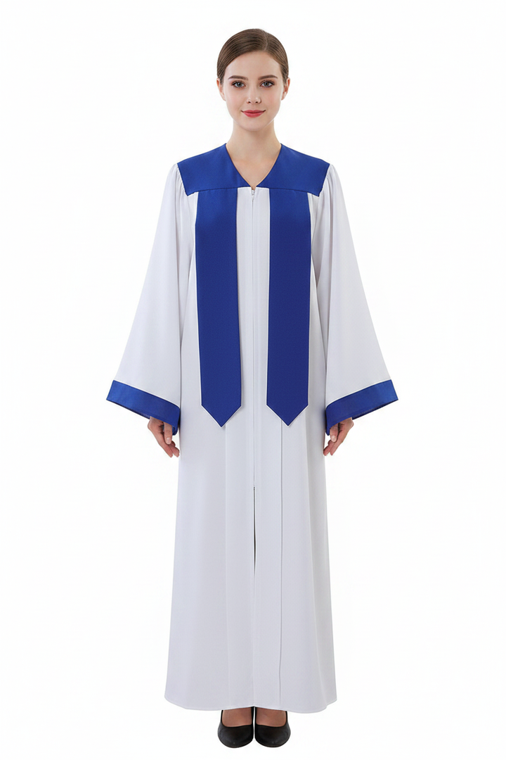 Female model wearing white and royal blue two-tone choir robe, full body front view, white background