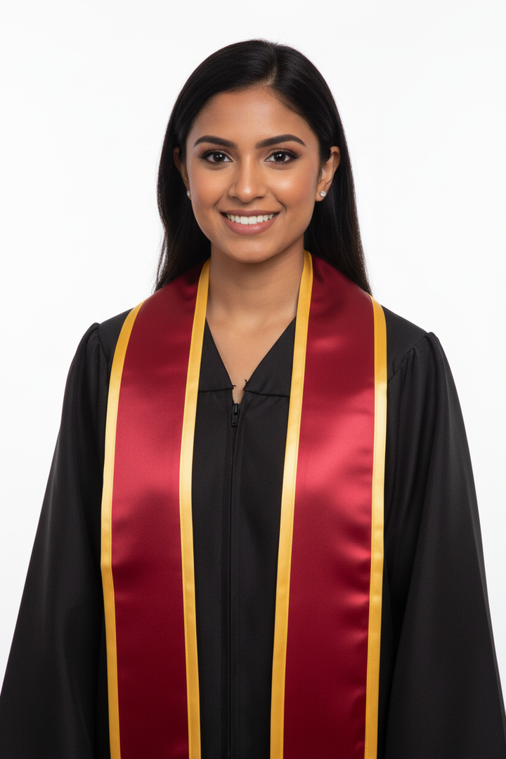 Red Pointed Graduation Stole with Gold Trim model display