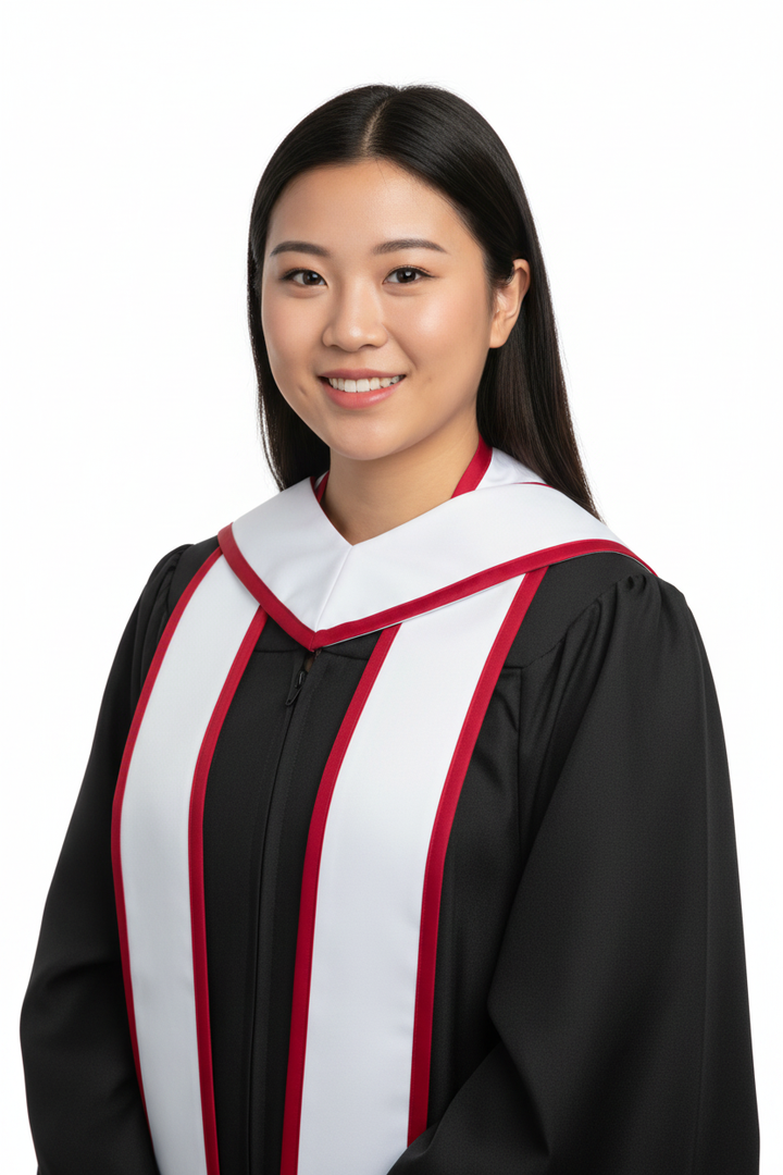 White Slanted Graduation Stole with Red Trim model display