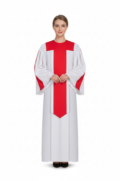 Two-Tone Choir Robe White & Red | Center Panel & Sleeve Trim | Church Choir Stage Graduation Cosplay | M-XXXL | 1000g