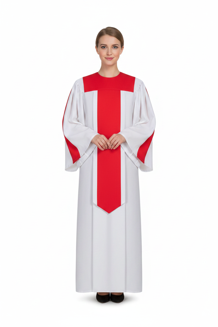 Female model wearing white and red two-tone choir robe, full body front view, white background