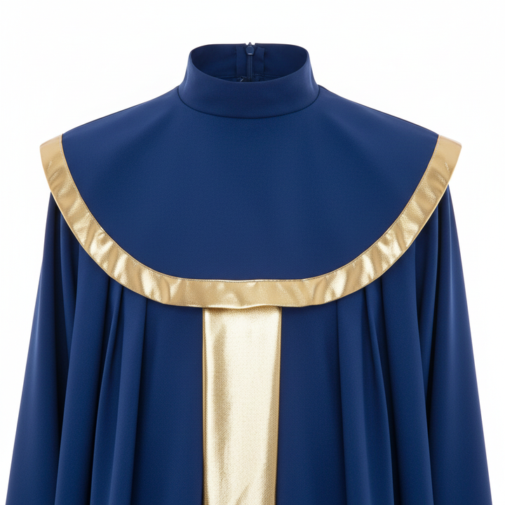 Close-up detail of blue choir robe gold center stripe and gold cape collar trim, white background