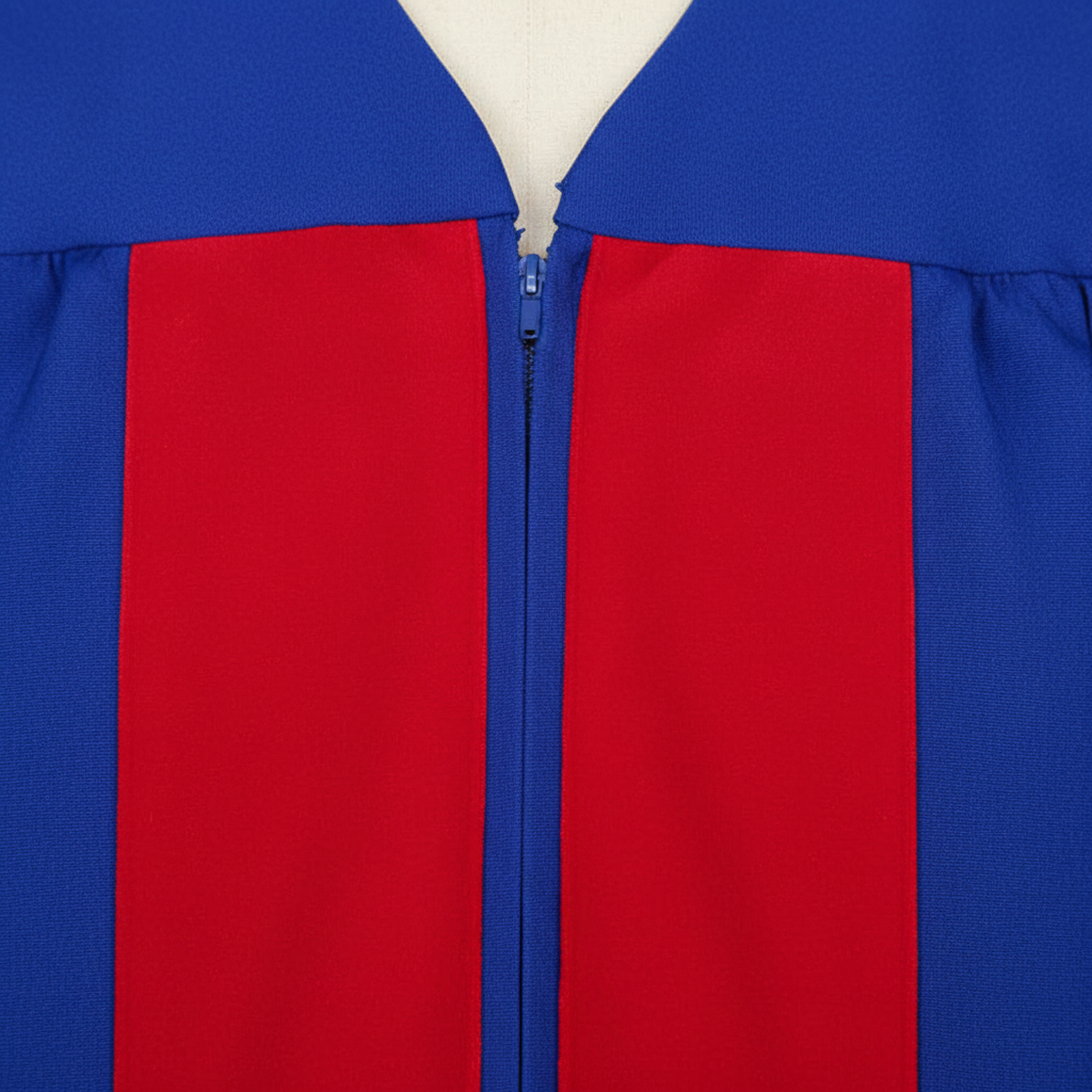 Close-up detail of royal blue doctoral gown center front showing red velvet chest panel and V-neck opening, white background