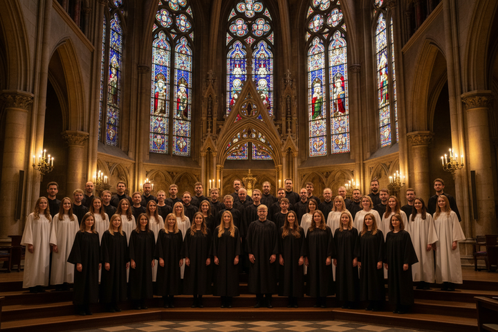 Church choir wearing white and black matte choir robes in tiered formation in grand cathedral with candlelight and stained glass, cinematic atmosphere
