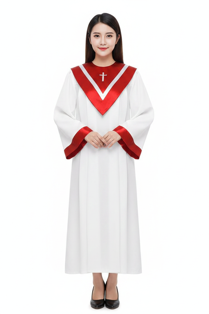 Model wearing White and Red Choir Robe with Embroidered Cross