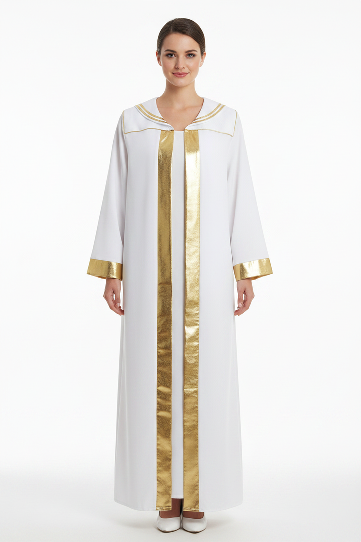 Female model wearing white open-front choir robe with gold stripe and cuff trim, full body front view, white background