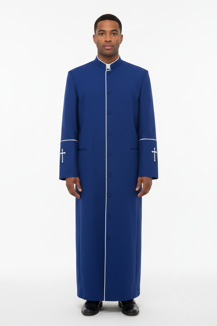 Model wearing full-length sky blue clergy cassock robe with white trim and cross embroidery, white background