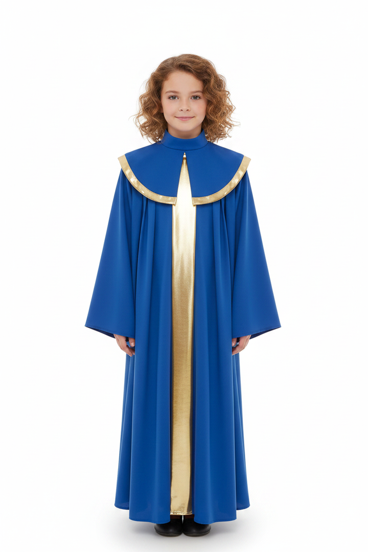 Child model wearing blue choir robe with gold center stripe and gold cape collar, white background