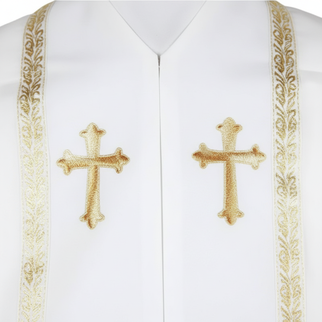 Close-up detail of white clergy robe chest showing two gold cross badges on white stole panel with gold brocade trim, white background