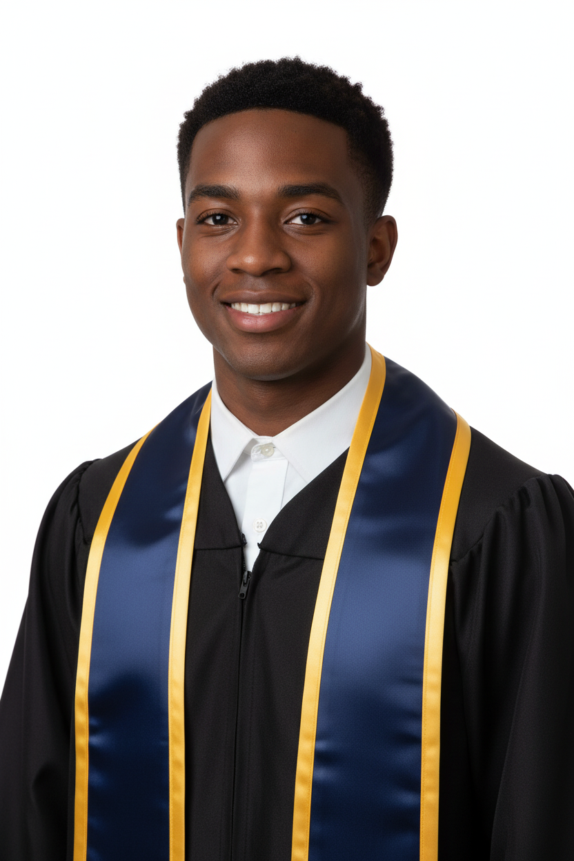 Navy Pointed Graduation Stole with Gold Trim model display