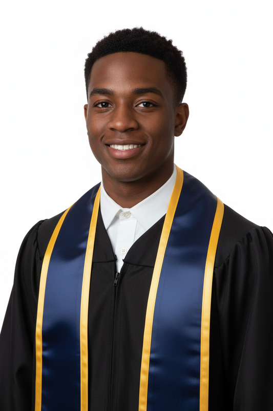 Navy Pointed Graduation Stole with Gold Trim model display