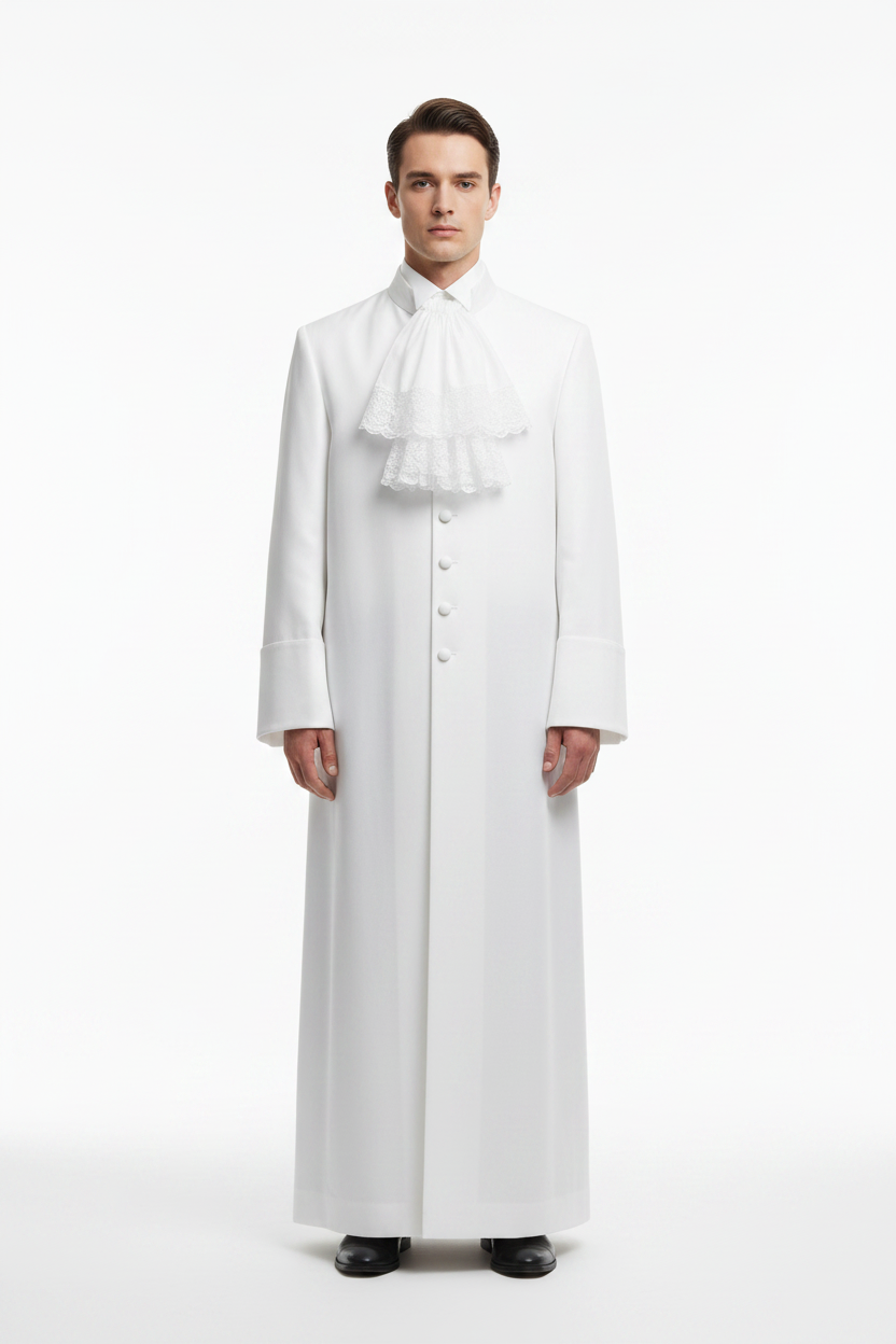 Model wearing white medieval barrister robe with white jabot collar, full body front view, white background