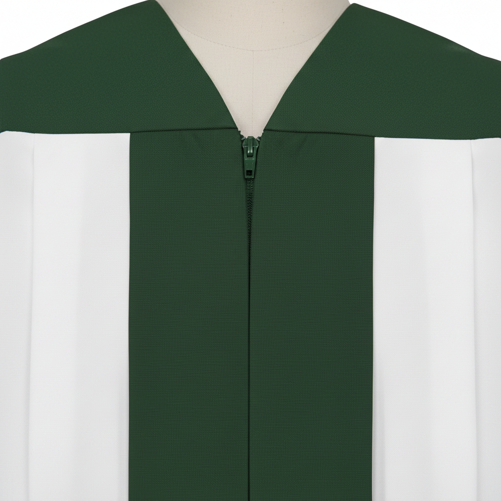 Close-up detail of white choir robe showing green V-neck yoke collar and center front zipper with green vertical stripe panel, white background