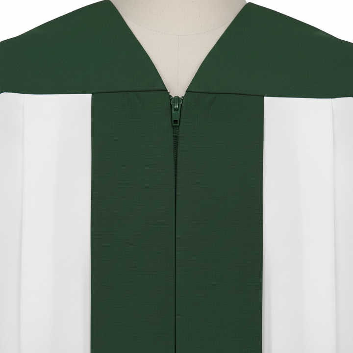 Close-up detail of white choir robe showing green V-neck yoke collar and center front zipper with green vertical stripe panel, white background