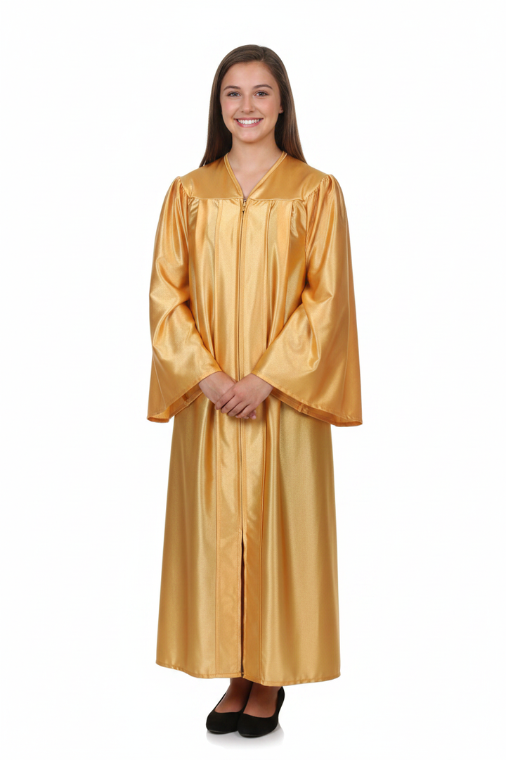 Shiny Antique Gold Junior High/Middle School Gown - Model Display