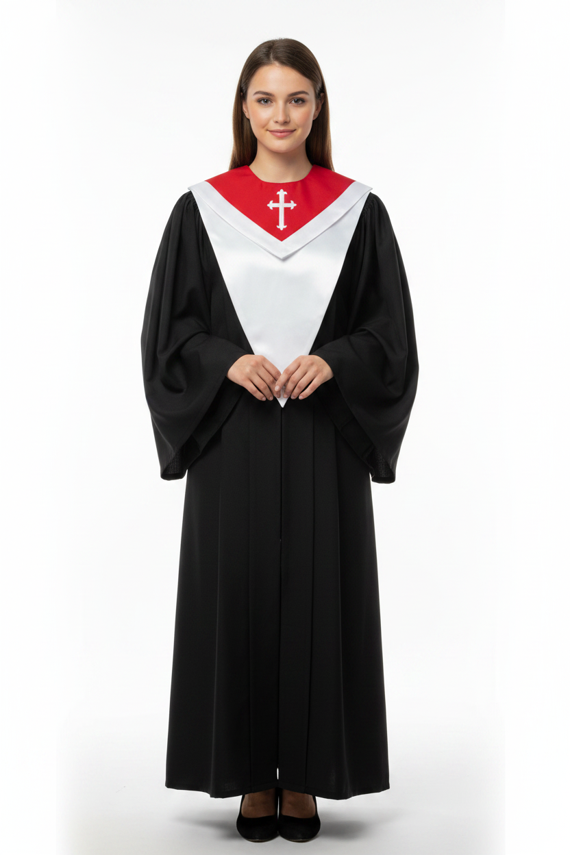 Female model wearing white and red choir V-stole with cross embroidery over black robe, full body front view, white background