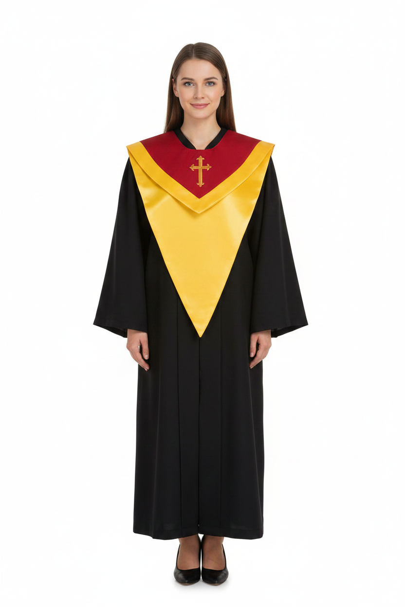 Female model wearing gold and red choir V-stole with cross embroidery over black robe, full body front view, white background