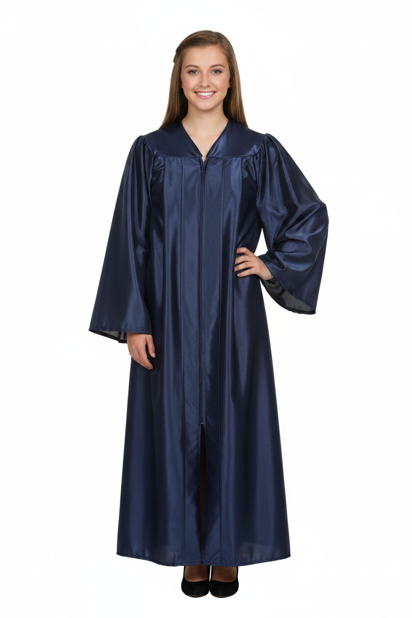 Shiny Navy Blue Junior High/Middle School Gown - Model Display